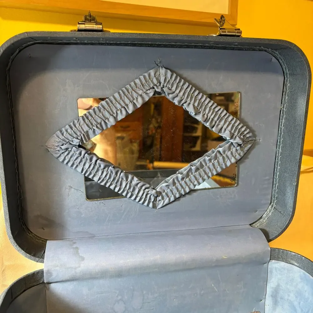 Vintage Monarch Blue Train Case Vanity Cosmetic Case Mirror Tray Mid Century
